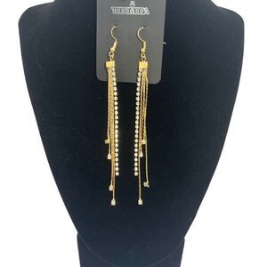 ToDoModa Earrings Fishhook Rhinestone Gold Toned Strands Teardrop Length 11”